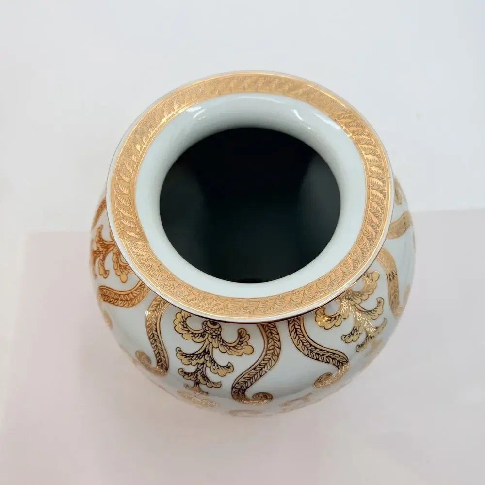 Arabesque White with Enameled Gold Flowers & Scrolls Ceramic Vase 14.5